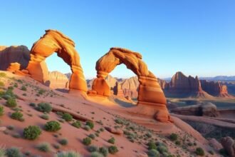 Két lenyűgöző kőkapu az Arches Nemzeti Parkban, vörös sziklák között.