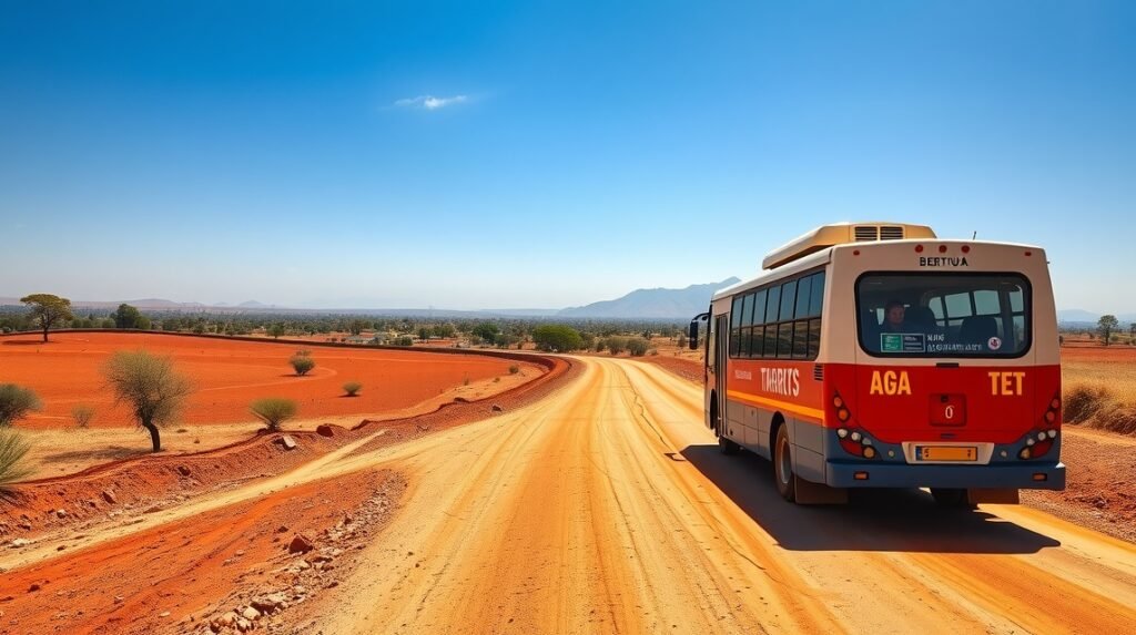 Busz közlekedés betonjárdán Bertouában, Kamerunban készült