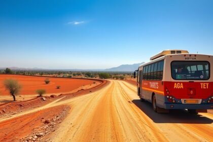 Busz közlekedés betonjárdán Bertouában, Kamerunban készült