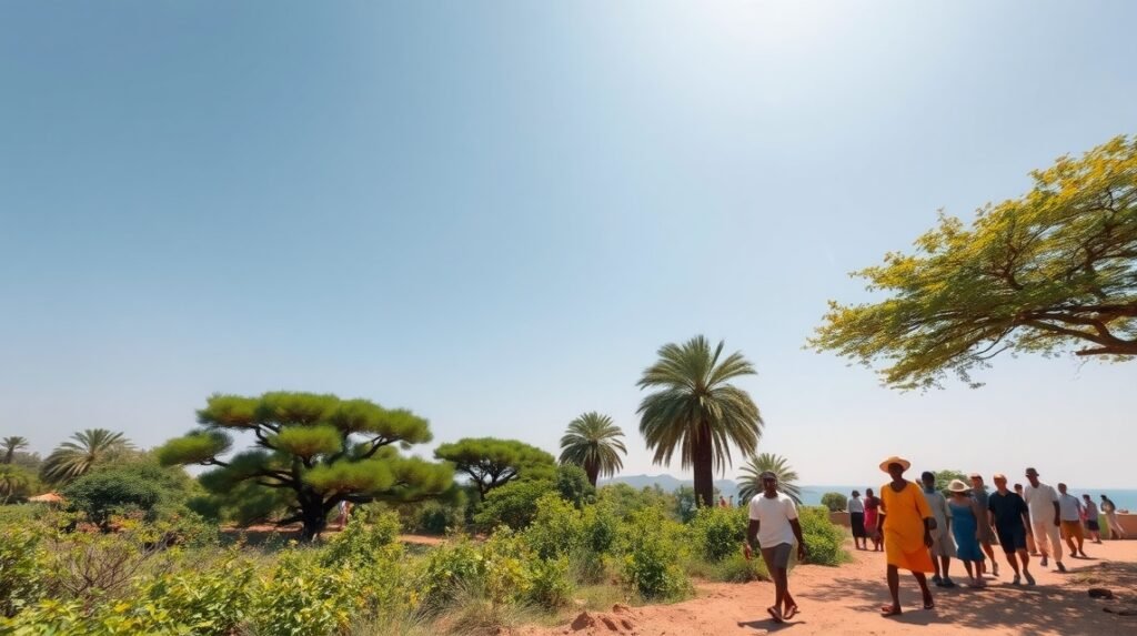 Bertoua tavaszi táj és emberek sétálnak trópusi környezetben.