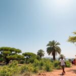 Bertoua tavaszi táj és emberek sétálnak trópusi környezetben.