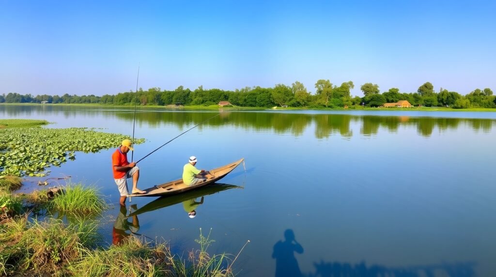 Horgászok a Tibati tavon, gyönyörű környezetben.