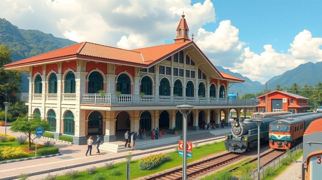 Meng vasútállomás Tibati közelében, gyönyörű építészettel.