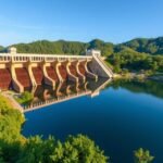 A Djerem folyó gátja Tibatiban, békés víztükör és hegyi panoráma