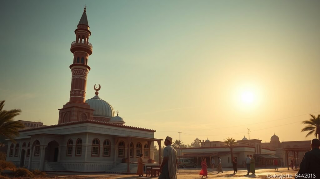 Tibati mecset és minaret naplementében, helyi kultúra és építészet