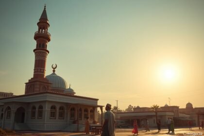 Tibati mecset és minaret naplementében, helyi kultúra és építészet