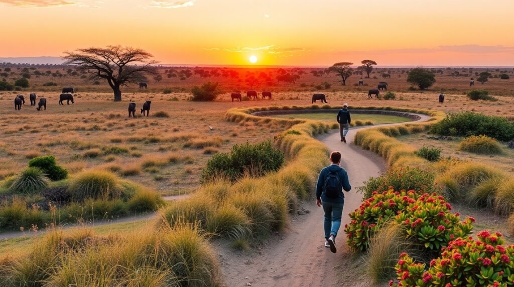 Séta a Tibati szavannás tájon gyönyörű naplementében