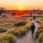 Séta a Tibati szavannás tájon gyönyörű naplementében
