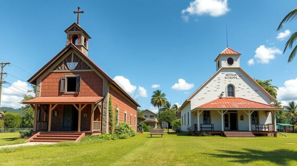 Tibati missziós iskola impozáns épületei a zöld füvön