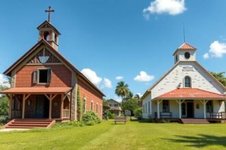 Tibati missziós iskola impozáns épületei a zöld füvön