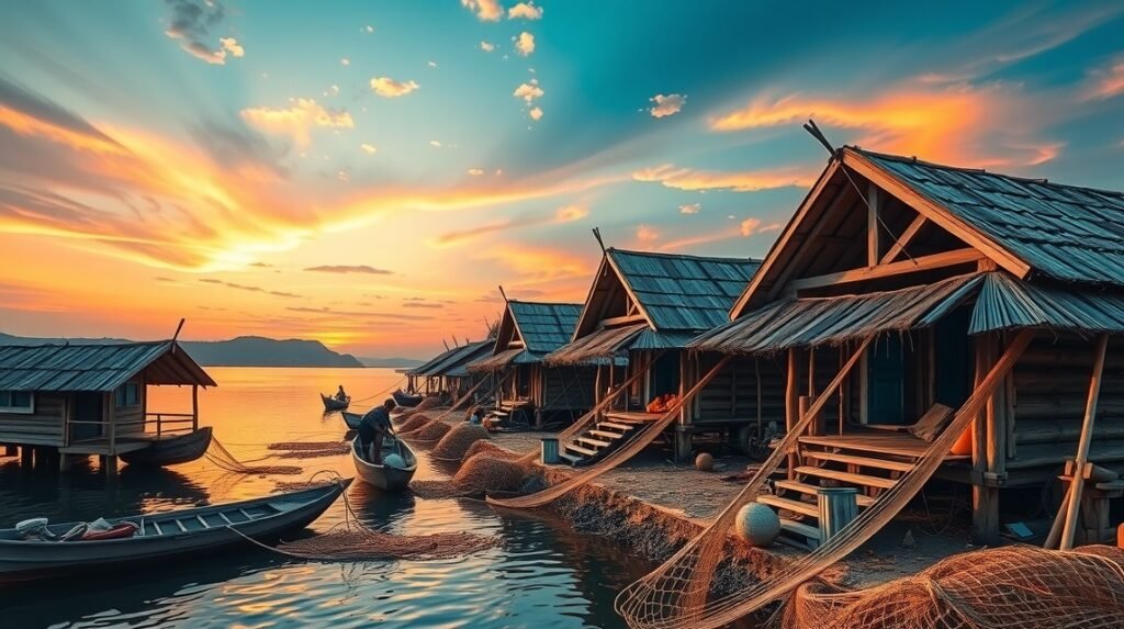Hagyományos halászkunyhók Tibati gyönyörű tájával a naplementében