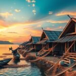 Hagyományos halászkunyhók Tibati gyönyörű tájával a naplementében