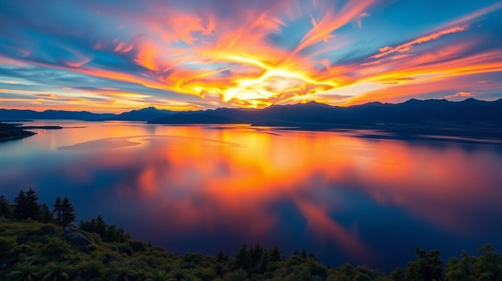 Naplemente a Tibati tónál, élénk színek és tükröződő víz