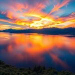 Naplemente a Tibati tónál, élénk színek és tükröződő víz