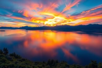 Naplemente a Tibati tónál, élénk színek és tükröződő víz