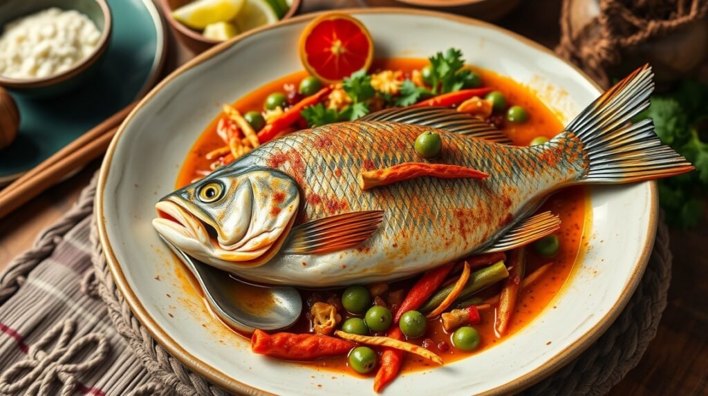 Tibati halételek fűszeres szószban, friss zöldségekkel.