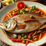 Tibati halételek fűszeres szószban, friss zöldségekkel.