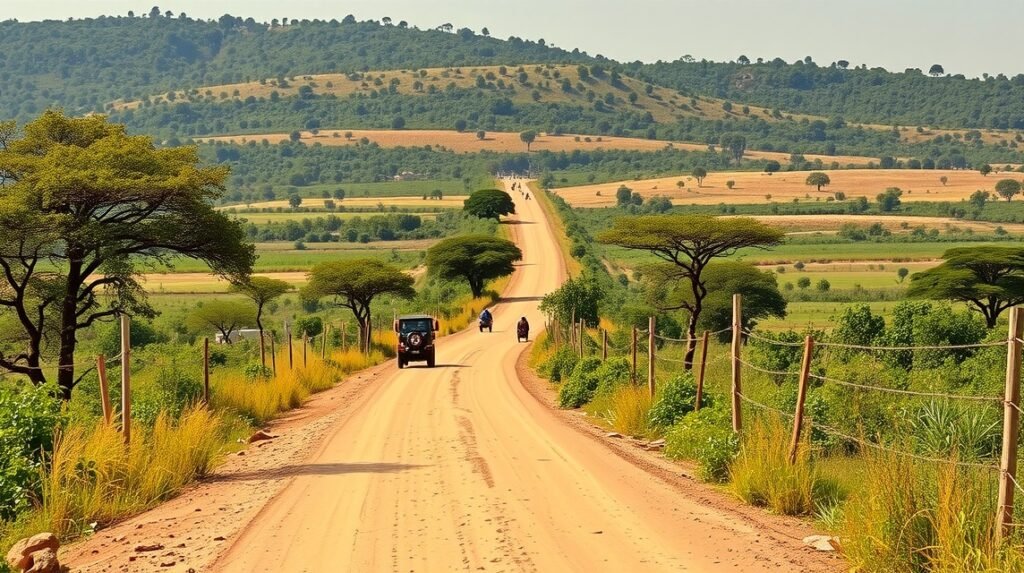 Poros földút Tibatiból Ngaoundéré felé, gyönyörű tájjal.