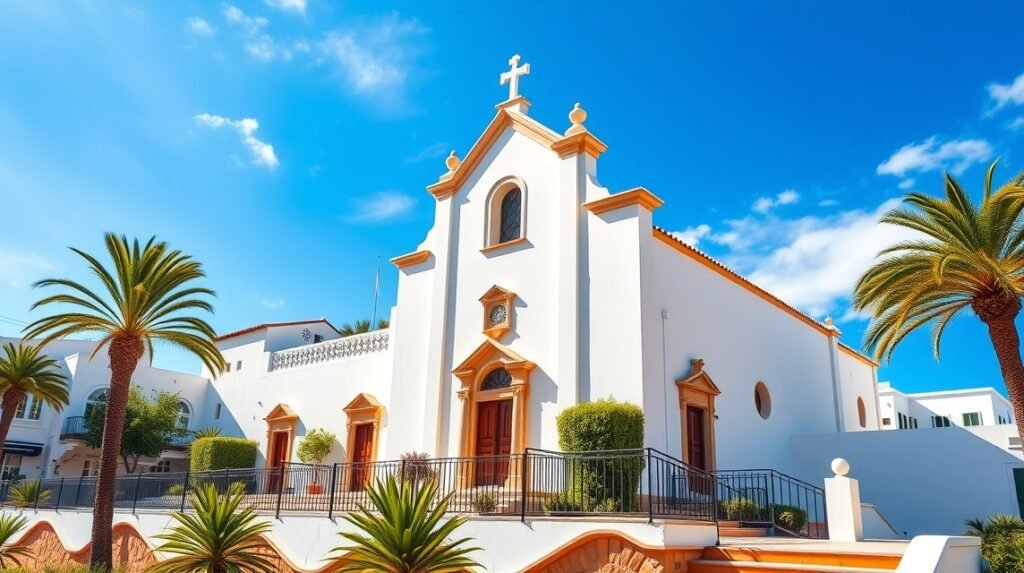 Szent Anna-templom Albufeirában, fehér falakkal és pálmákkal körülvéve