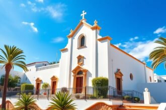 Szent Anna-templom Albufeirában, fehér falakkal és pálmákkal körülvéve