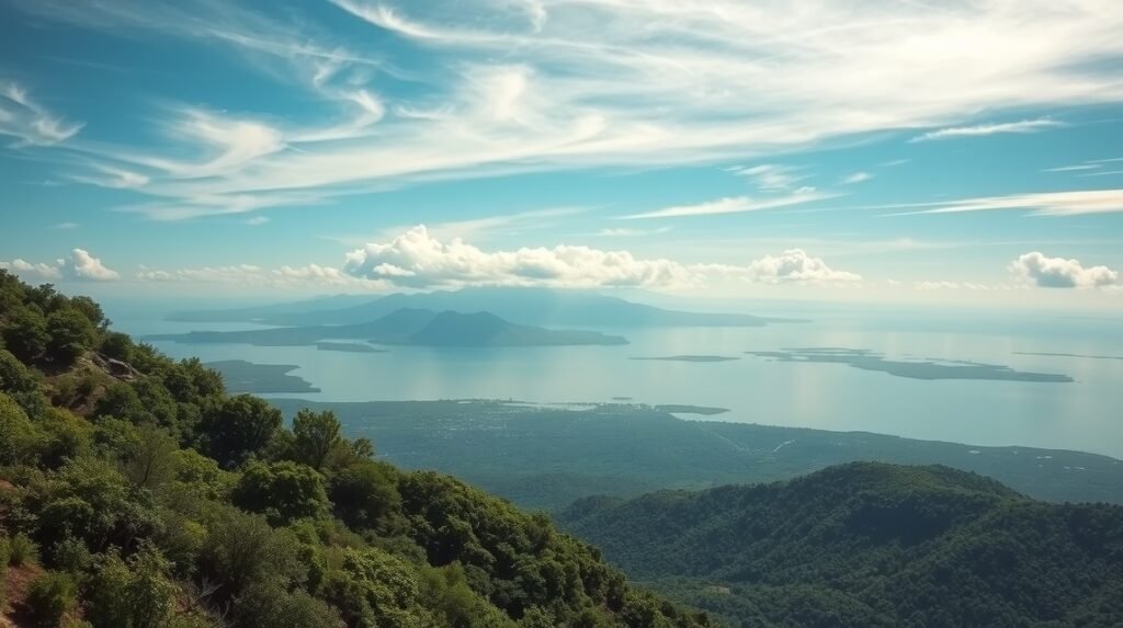 Gyönyörű táj Tibat környékén, zöldellő dombokkal és vízparttal.