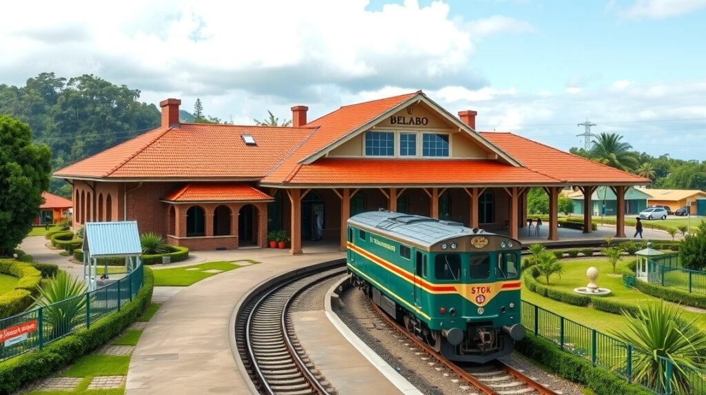 Bélabo vasútállomás épülete és vonat, zöld tájban.