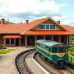 Bélabo vasútállomás épülete és vonat, zöld tájban.