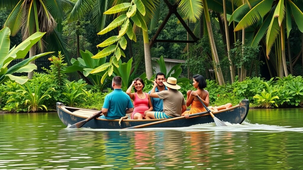 Csoport emberek pirogue-ban a Sanaga folyón Bélabo közelében.