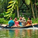 Csoport emberek pirogue-ban a Sanaga folyón Bélabo közelében.