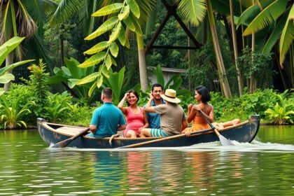 Csoport emberek pirogue-ban a Sanaga folyón Bélabo közelében.