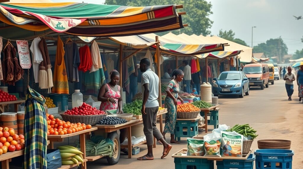 Bélabo helyi piac fűszeres forgatagban, friss zöldségek és gyümölcsök.