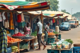 Bélabo helyi piac fűszeres forgatagban, friss zöldségek és gyümölcsök.