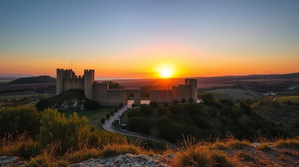A Paderne vára naplementében, panorámás kilátással az Algarve vidékre.