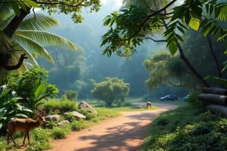 Látványos táj a Deng Deng erdő szélén, vadvilággal és növényzettel.