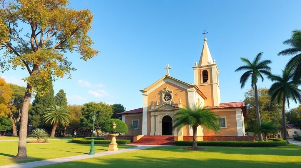 A Bélabo katolikus misszió színes temploma és zöld környezete