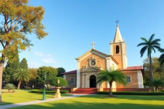 A Bélabo katolikus misszió színes temploma és zöld környezete