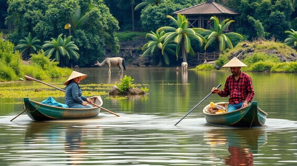 Hagyományos halászati jelenet a Bélabo folyón, helyi halászokkal.