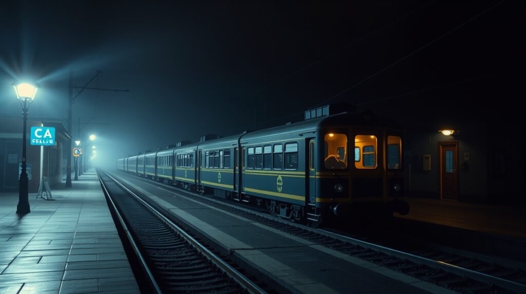 Éjszakai vonat érkezése Bélabóban ködös peronon