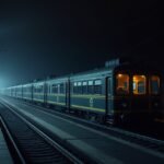 Éjszakai vonat érkezése Bélabóban ködös peronon