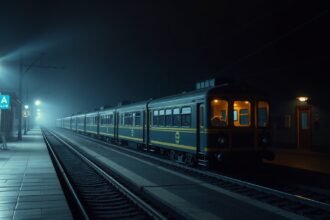 Éjszakai vonat érkezése Bélabóban ködös peronon