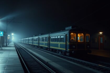 Éjszakai vonat érkezése Bélabóban ködös peronon