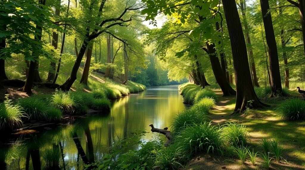 Folyóparti erdősáv Bélabóban, zöld fák és víz tükröződése