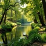 Folyóparti erdősáv Bélabóban, zöld fák és víz tükröződése