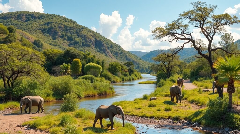Elefántok egy gyönyörű folyóparton Bélabo közelében, Kamerunban