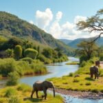 Elefántok egy gyönyörű folyóparton Bélabo közelében, Kamerunban