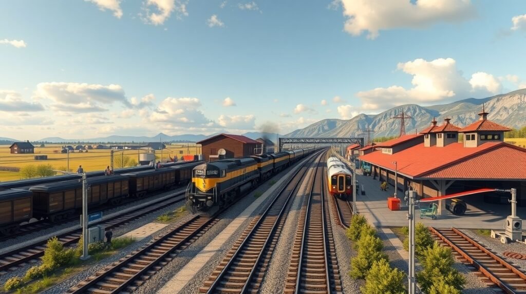 Bélabo vasúti csomópont Észak és Dél között, vonatok és infrastruktúra