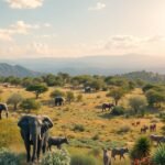 Erdő és szavanna élővilága, elefántok és más állatok jelenlétében.