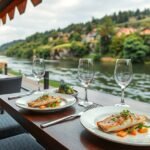 Friss folyami halételek egy étterem teraszán, gyönyörű folyóparttal.