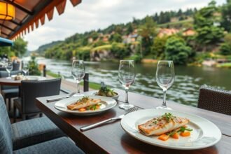 Friss folyami halételek egy étterem teraszán, gyönyörű folyóparttal.