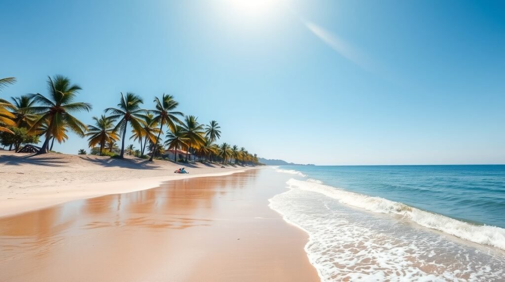 Bélabo homokos tengerpartja fákkal és napsütéssel